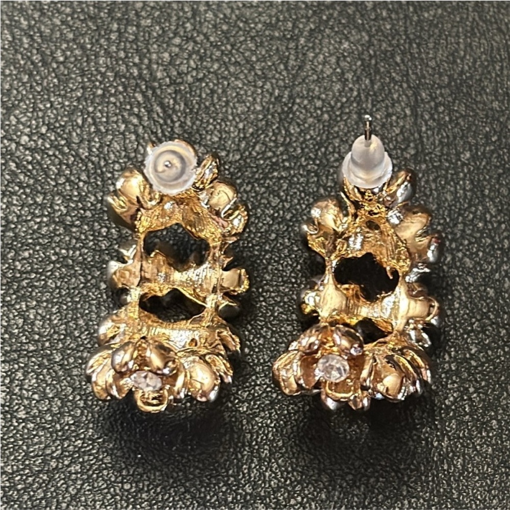 Double Row Flower Gold-Tone Post Back Rhinestone Adorned Earrings - Picture 2 of 8